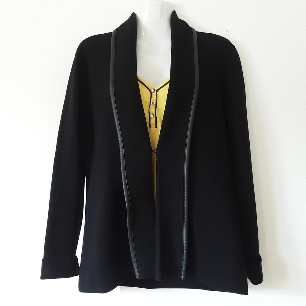 Chic Calvin Klein Black Sweater Jacket Cardigan with Faux Leather Trim